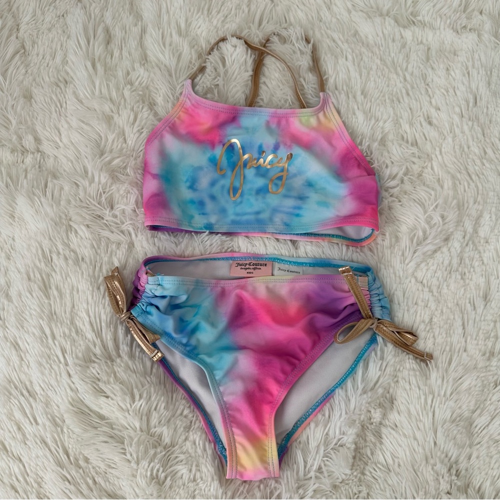 Juicy Couture Girls Pink Blue Tie-Dye Bikini Swim Suit Set Size: 7